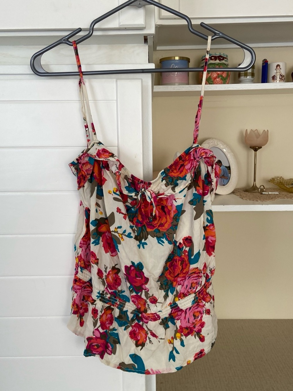 Floral cami top with pink, red, and blue flowers